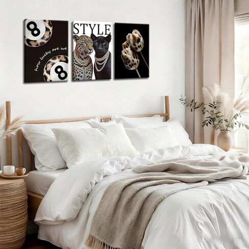 3Pcs Fashion Cheetah Canvas Wall Art Black and White Lucky 8 Ball Pictures Wall Decor Trendy Leopard Floral Aesthetic Posters Prints for Bedroom Apartment Dorm 12x16in in Saudi Arabia