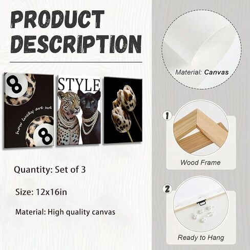 3Pcs Fashion Cheetah Canvas Wall Art Black and White Lucky 8 Ball Pictures Wall Decor Trendy Leopard Floral Aesthetic Posters Prints for Bedroom Apartment Dorm 12x16in in Saudi Arabia