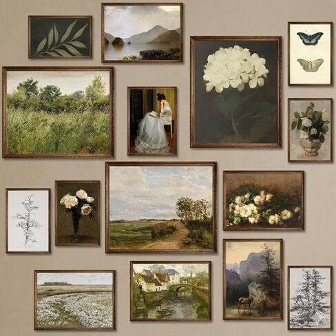 MAZUKO 15 Pcs Vintage Wall Art Decor, Vintage Posters for Room, Vintage Art Prints, Moody gallery wall art, Wall Print for Bedroom, Eclectic French Country Botanical Painting (UNFRAMED) in Saudi Arabia