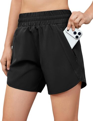 شورت رياضي للجري مقاس 5 بوصات للنساء، عالي الخصر، سريع الجفاف، خفيف الوزن، للتمرين في صالة الألعاب الرياضية مع جيب بسحاب، عامل حماية من الشمس (UPF 50+) in Kuwait