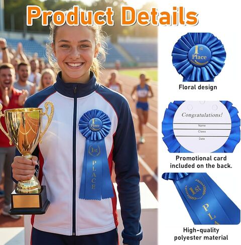 1st Place Rosette Ribbon Blue First Prize Award Ribbons, Honorable Participation Badge Ribbons for Competitions Sports Events Dance Show Science Fair Medal Ribbon for Awards, 11.02 x 3.94 Inches in Kuwait