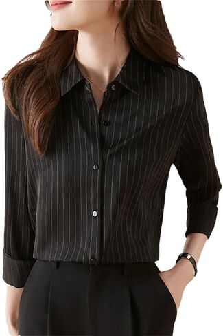Women's Turn Down Collar Long Sleeve Striped Chiffon Shirt Office Ladies Business Casual Blouses in Saudi Arabia