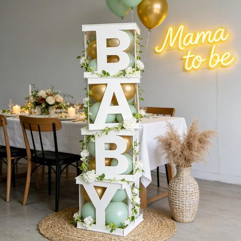 Fonder Mols Baby Boxes with Letters White 4pcs Wooden Decorative Party Blocks for Baby Shower Gender Reveal Centerpiece Decorations (no balloons) in Kuwait