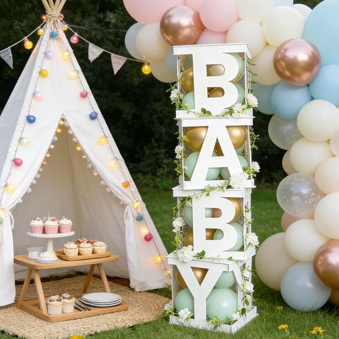 Fonder Mols Baby Boxes with Letters White 4pcs Wooden Decorative Party Blocks for Baby Shower Gender Reveal Centerpiece Decorations (no balloons) in Kuwait