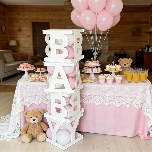 Fonder Mols Baby Boxes with Letters White 4pcs Wooden Decorative Party Blocks for Baby Shower Gender Reveal Centerpiece Decorations (no balloons) in Kuwait