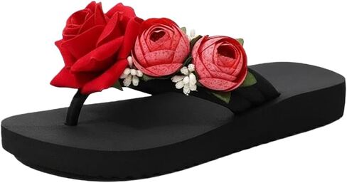 Women's Flower Flip Flops Thick Sole Sandals Summer Beach Thong Shoes with Elegant Fabric Roses for Casual Vacation Wear in Saudi Arabia