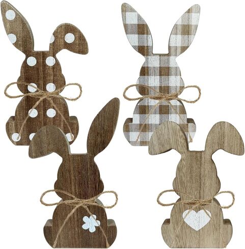 4 Pcs Wooden Bunny Easter Home Decor Spring Farmhouse Decorations - 6.3" Tall Rustic Natural Brown Wood Bunny Signs for Table Centerpiece Office Desk Mantel Shelf Decor in Kuwait