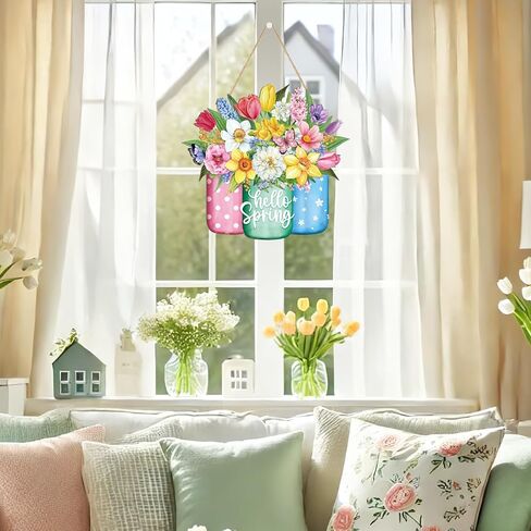Hello Spring Wreath for Front Door Sign Wall Signs Decoration,Flower Wreath Sign Spring Welcome Hanging for Home Wall Decor Party Outdoor indoor Supply Easter Decoration in Saudi Arabia