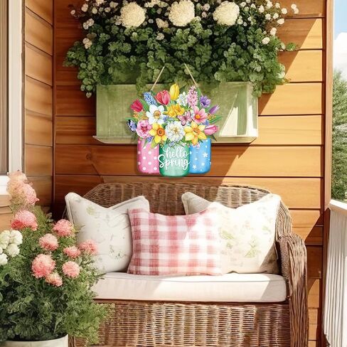 Hello Spring Wreath for Front Door Sign Wall Signs Decoration,Flower Wreath Sign Spring Welcome Hanging for Home Wall Decor Party Outdoor indoor Supply Easter Decoration in Saudi Arabia