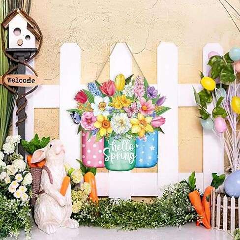 Hello Spring Wreath for Front Door Sign Wall Signs Decoration,Flower Wreath Sign Spring Welcome Hanging for Home Wall Decor Party Outdoor indoor Supply Easter Decoration in Saudi Arabia