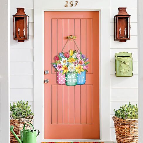 Hello Spring Wreath for Front Door Sign Wall Signs Decoration,Flower Wreath Sign Spring Welcome Hanging for Home Wall Decor Party Outdoor indoor Supply Easter Decoration in Saudi Arabia