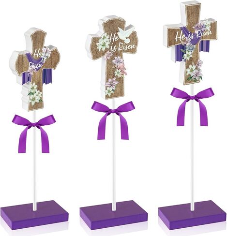 3 قطع من ديكور الطاولة He Is Risen، ديكورات عيد الفصح الدينية للمكتب المنزلي، ديكور عيد الفصح المسيحي، قطعة مركزية خشبية متقاطعة من يسوع الريفي للطاولات والمكتب وصينية متدرجة وعمل المطبخ في المزرعة in Kuwait