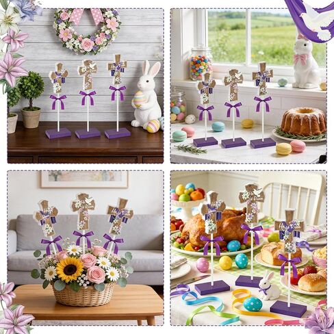 3 قطع من ديكور الطاولة He Is Risen، ديكورات عيد الفصح الدينية للمكتب المنزلي، ديكور عيد الفصح المسيحي، قطعة مركزية خشبية متقاطعة من يسوع الريفي للطاولات والمكتب وصينية متدرجة وعمل المطبخ في المزرعة in Kuwait