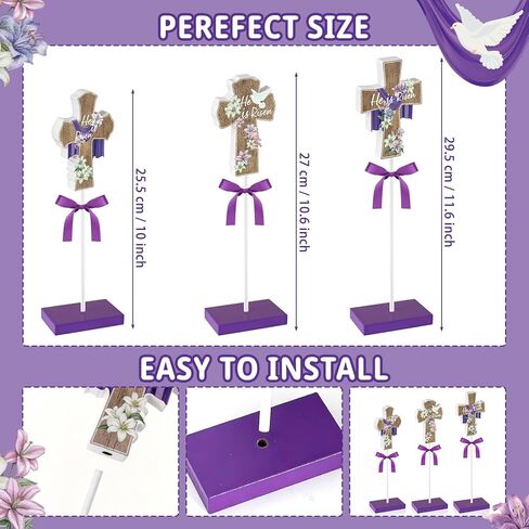 3 قطع من ديكور الطاولة He Is Risen، ديكورات عيد الفصح الدينية للمكتب المنزلي، ديكور عيد الفصح المسيحي، قطعة مركزية خشبية متقاطعة من يسوع الريفي للطاولات والمكتب وصينية متدرجة وعمل المطبخ في المزرعة in Kuwait