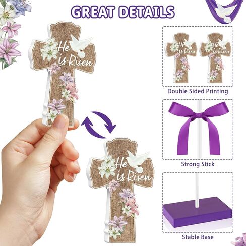 3 قطع من ديكور الطاولة He Is Risen، ديكورات عيد الفصح الدينية للمكتب المنزلي، ديكور عيد الفصح المسيحي، قطعة مركزية خشبية متقاطعة من يسوع الريفي للطاولات والمكتب وصينية متدرجة وعمل المطبخ في المزرعة in Kuwait