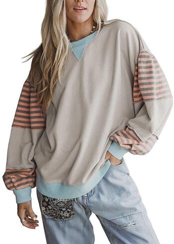 Womens Oversized Striped Crew Neck Sweatshirt Casual Long Sleeve Color block pullover top Fall Outfits in Saudi Arabia
