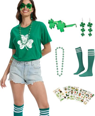 قميص عيد القديس باتريك للسيدات باللون الأخضر شامروك لاكي كلوفر تي شيرت ملابس مضحكة مجموعة إكسسوارات تنكرية in Kuwait