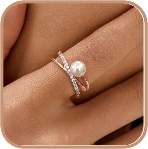 6mm Pearl Ring for Women Dainty X Criss Cross Gold Pearl Ring Stackable 925 Sterling Silver Cubic Zirconia Open Ring Promise Rings for Her Birthday Wedding Jewelry Gifts for Mom in Kuwait