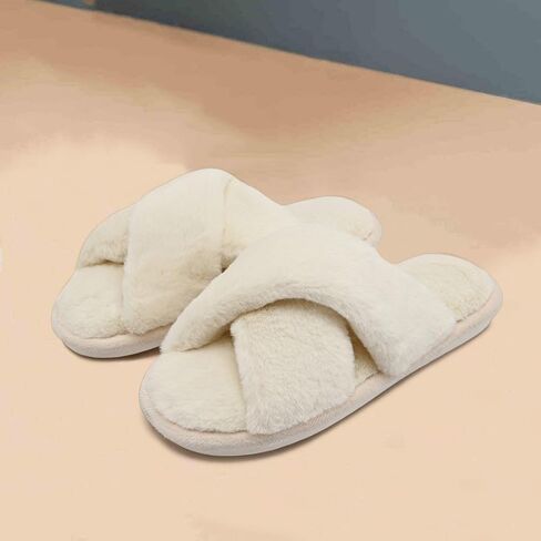 Women Furry Solid Color Home Slippers Open Toe Cross Strap Bedroom Shoes Comfortable Soft Indoor Slippers in Saudi Arabia