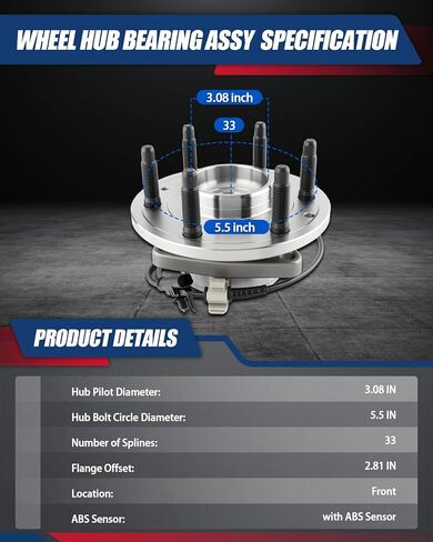 Front Wheel Bearing Hub Assy for 2007-2013 Chevrolet Silverado 1500, Avalanche, GMC Sierra 1500, Cadillac Escalade; 2007-2014 Chevrolet Tahoe, Suburban, GMC Yukon, Yukon XL 1500, 515096 for 4WD AWD in Kuwait