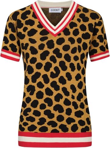 OXKNIT Women's 1960s Retro Knit Short Sleeve T-Shirts, Vintage Leopard Print V-Neck Casual Knitted Top Yellow in Kuwait