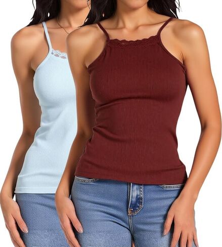 Women's Lace Tank Top Y2K Square Neck Thin-Strap Tank Top Sexy Sleeveless Top in Saudi Arabia