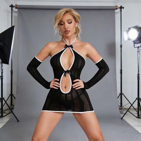 Hollow Out Mini Dress Sling Strap,Sexy Lace Bodysuit with Bow Detail,Halter Neck & Open Front Design for Special Occasions in Saudi Arabia