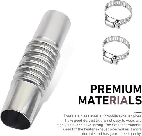 Car Exhaust Pipe Connector Kit, Stainless Steel Diesel Heater Exhaust Pipe, 5.11" x 1.06" Exhaust Pipes Connector with 2 Clamps, Straight Corrugated Air Heater Pipes Tube Connectors (Silver) in Kuwait