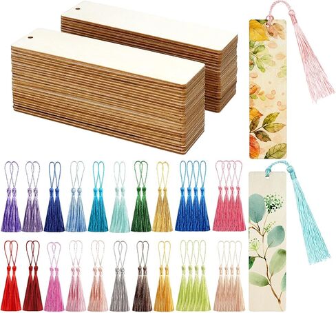 50 Pcs Wooden Bookmarks, Unfinished Wooden Bookmarks with 50 Pcs Tassels, DIY Blank Wood Bookmark for DIY Art Crafts, Birthday Gifts, Christmas Party Decoration (Rectangular Shape) in Saudi Arabia