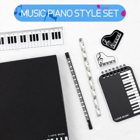 Winterworm 6 in 1 Musical Theme Stationery Set,Including 1 Memo Notepad 1 Piano Pattern Ruler 2 Music Notes Pencil and Eraser for Music Teachers Students School Study Gift in Saudi Arabia