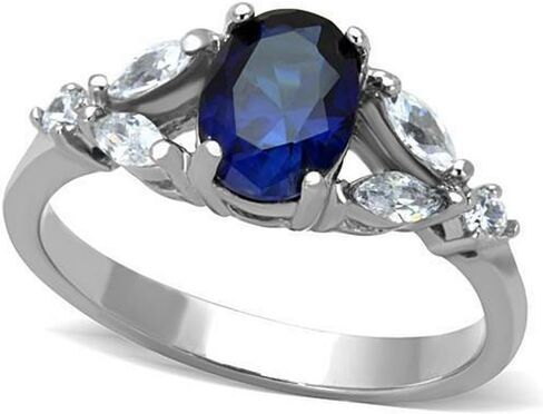 Oval Simulated Blue Sapphire & White Cubic Zirconia CZ Accented Engagement Ring, Hypoallergenic 316L Stainless Steel in Kuwait