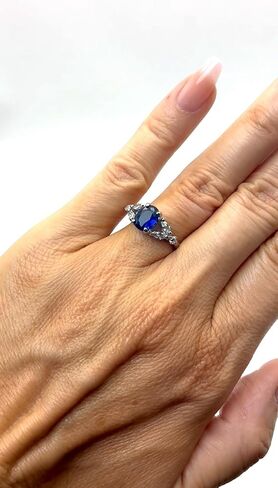 Oval Simulated Blue Sapphire & White Cubic Zirconia CZ Accented Engagement Ring, Hypoallergenic 316L Stainless Steel in Kuwait