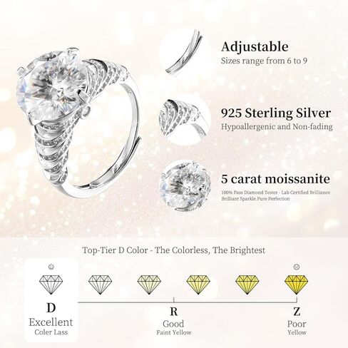 خاتم خطوبة جولينو سوليتير مويسانيتي، 5 قيراط D لون VVS1 وضوح، 925 الفضة الاسترليني مطلي مع البلاتين، حلقات قابلة للتعديل للنساء، هدية مثالية للنساء in Kuwait