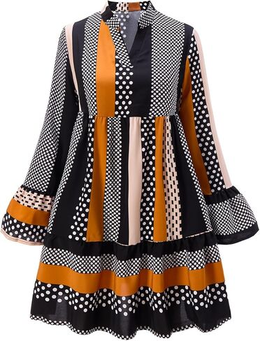 Women's Striped Ruffle Long Sleeve Dress Elegant Casual Polka Dots V Neck A Line Flowy Dresses in Saudi Arabia