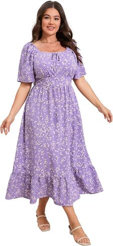 ShopWonder Womens Plus Size Square Neck Floral Print Summer Dress Ruffle Short Sleeve Tie Front Slit Hem Boho Maxi Dress in Saudi Arabia