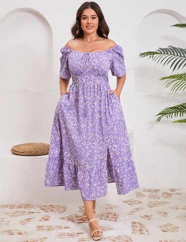 ShopWonder Womens Plus Size Square Neck Floral Print Summer Dress Ruffle Short Sleeve Tie Front Slit Hem Boho Maxi Dress in Saudi Arabia