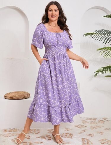 ShopWonder Womens Plus Size Square Neck Floral Print Summer Dress Ruffle Short Sleeve Tie Front Slit Hem Boho Maxi Dress in Saudi Arabia