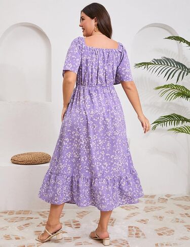ShopWonder Womens Plus Size Square Neck Floral Print Summer Dress Ruffle Short Sleeve Tie Front Slit Hem Boho Maxi Dress in Saudi Arabia