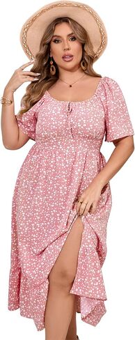 ShopWonder Womens Plus Size Square Neck Floral Print Summer Dress Ruffle Short Sleeve Tie Front Slit Hem Boho Maxi Dress in Kuwait