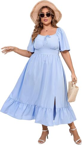 ShopWonder Womens Plus Size Square Neck Floral Print Summer Dress Ruffle Short Sleeve Tie Front Slit Hem Boho Maxi Dress in Saudi Arabia