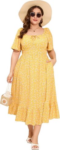 ShopWonder Womens Plus Size Square Neck Floral Print Summer Dress Ruffle Short Sleeve Tie Front Slit Hem Boho Maxi Dress in Saudi Arabia