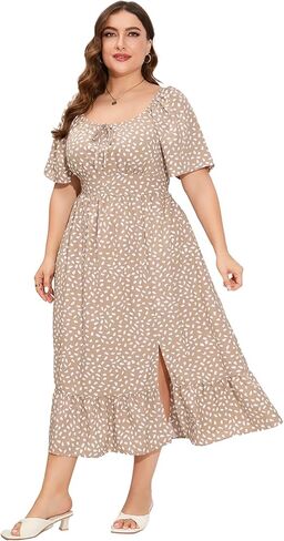 ShopWonder Womens Plus Size Square Neck Floral Print Summer Dress Ruffle Short Sleeve Tie Front Slit Hem Boho Maxi Dress in Saudi Arabia