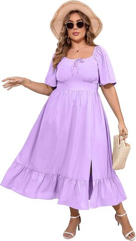 ShopWonder Womens Plus Size Square Neck Floral Print Summer Dress Ruffle Short Sleeve Tie Front Slit Hem Boho Maxi Dress in Saudi Arabia