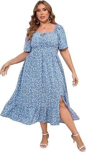 ShopWonder Womens Plus Size Square Neck Floral Print Summer Dress Ruffle Short Sleeve Tie Front Slit Hem Boho Maxi Dress in Saudi Arabia
