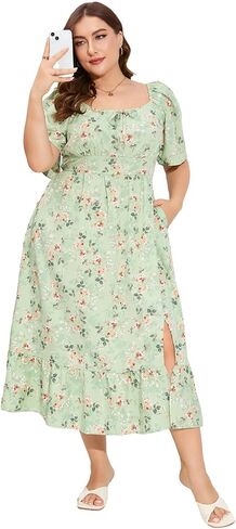 ShopWonder Womens Plus Size Square Neck Floral Print Summer Dress Ruffle Short Sleeve Tie Front Slit Hem Boho Maxi Dress in Saudi Arabia