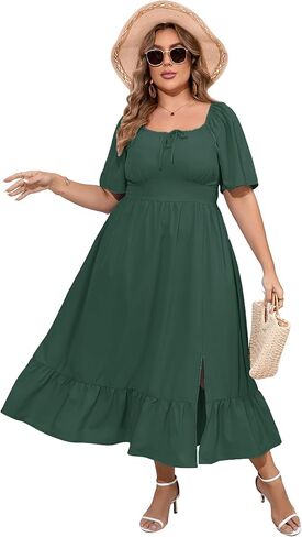 ShopWonder Womens Plus Size Square Neck Floral Print Summer Dress Ruffle Short Sleeve Tie Front Slit Hem Boho Maxi Dress in Saudi Arabia