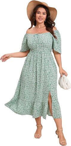 ShopWonder Womens Plus Size Square Neck Floral Print Summer Dress Ruffle Short Sleeve Tie Front Slit Hem Boho Maxi Dress in Saudi Arabia