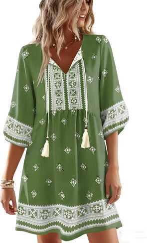 فساتين بوهو الصيفية، رقبة على شكل V، 3/4 كم، مطبوعة بالزهور، فضفاضة، مقاس كبير، فستان لقضاء العطلات على الشاطئ in Kuwait