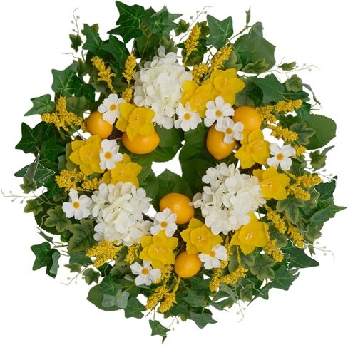 24 Inch Artificial Lemon Wreath for Front Door – Yellow Daffodils, White Hydrangeas, Green Leaves with Wheat Stalks – Spring Summer Wreath for Wall, Window, Party Decor in Saudi Arabia