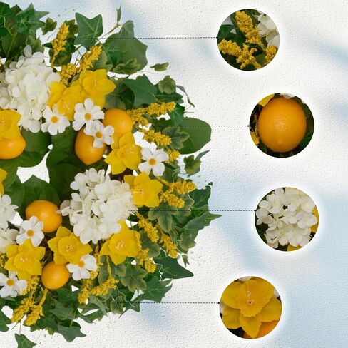 24 Inch Artificial Lemon Wreath for Front Door – Yellow Daffodils, White Hydrangeas, Green Leaves with Wheat Stalks – Spring Summer Wreath for Wall, Window, Party Decor in Saudi Arabia